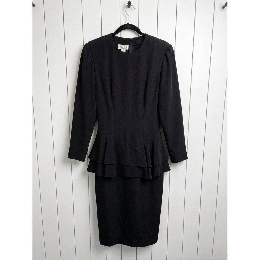 Vintage 90's Peplum Midi Dress Women 12 Black Silk Jacquard  Minimalist 80s